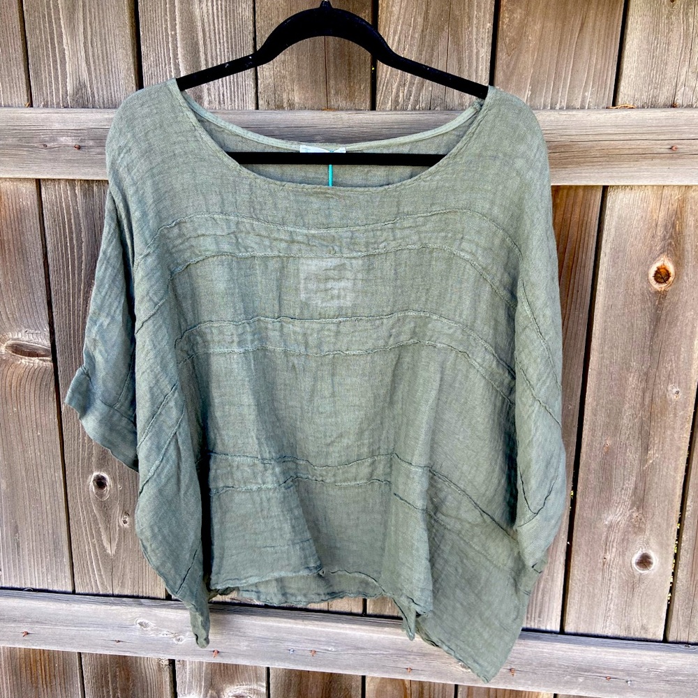 Army Green Striped Loose Linen Top